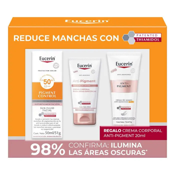 Eucerin - Set Eucerin Anti-Pigment, Protector Solar Facial + Crema de manos 75ml + Crema Corporal 20ml.